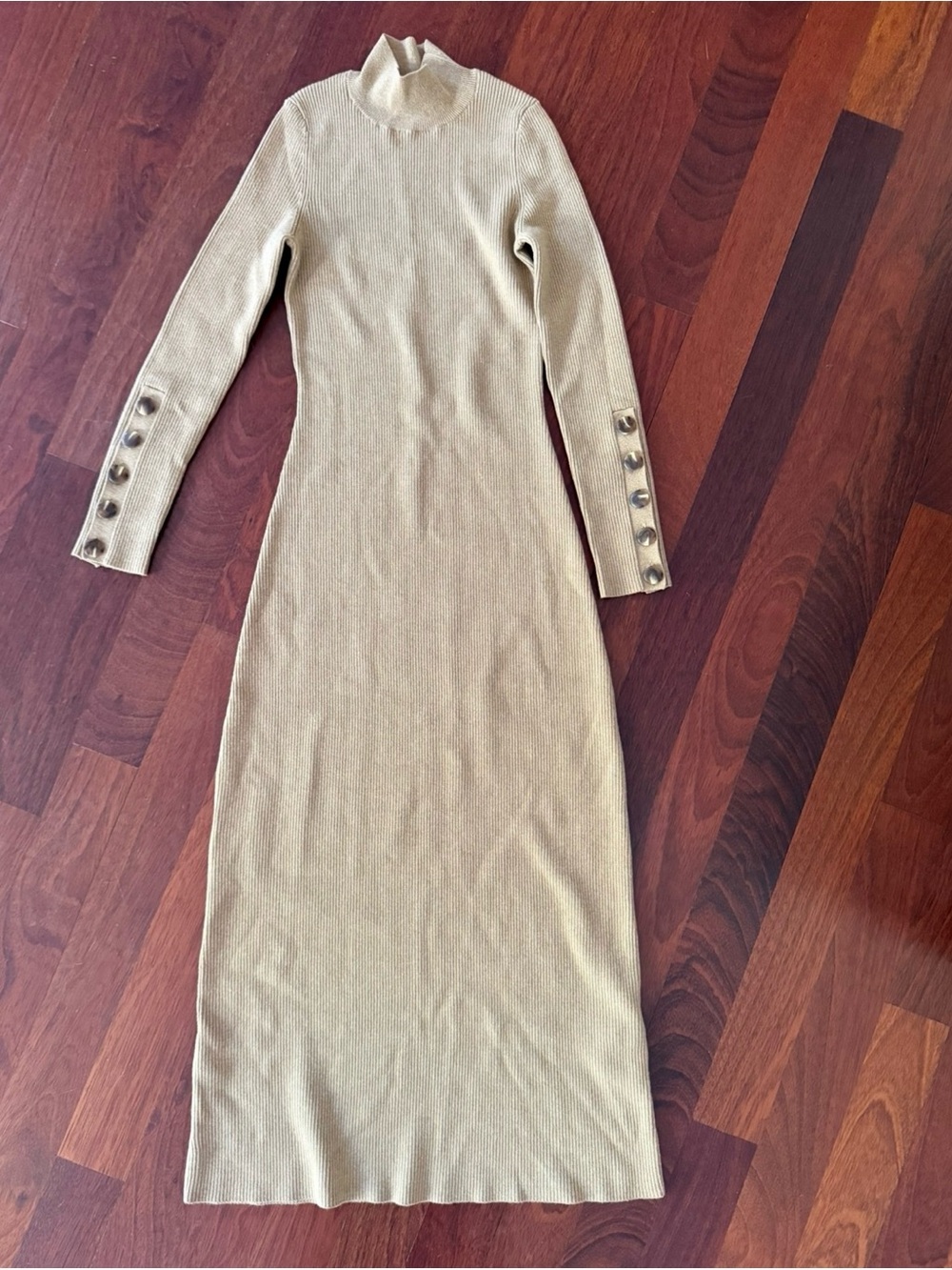 Sezane Ribbed Turtleneck Maxi Dress in Light Beige with Button Cuffs